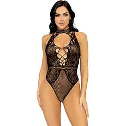 Leg Avenue Net and lace halter Bodysuit OS Black