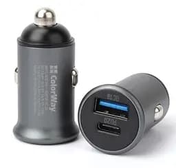 Автомобильное зарядное устройство ColorWay, черное, 1xUSB/QC3.0, 1xUSB-C/PD, 3A (CW-CHA029PD-GR)