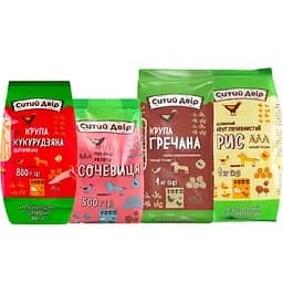 Набір: сочевиця колота Ситий двір червона 500 г + крупа кукурудзяна Ситий двір 800 г + рис круглий Ситий двір шліфований 1 кг + крупа гречана Ситий двір ядриця 1 кг