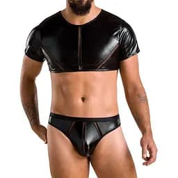 Комплект чоловічої білизни під латекс Passion 057 Set Peter L/XL Black, кроп-топ, стринги
