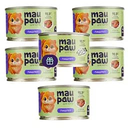 Набор влажного корма для кошек MAU PAW Паштет мясной с телятиной консервированный 5 шт. х 100 г + подарок Влажный корм для взрослых кошек MAU PAW Паштет мясной с консервированной рыбой 1 шт. х 100 г