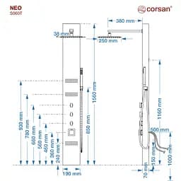 Душова панель Corsan Neo inox з термостатом S060TSL, Нержавіюча сталь - мініатюра 2
