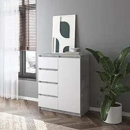 Комод Vays, сучасний, з полицями, 4 шухляди, без ручок R-32 Бетон-Білий фасад