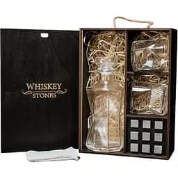 Подарочный набор Whiskey Stones камни для виски 9 штук + инструкция + мешочек для хранения + щипцы + 2 стакана и декантер