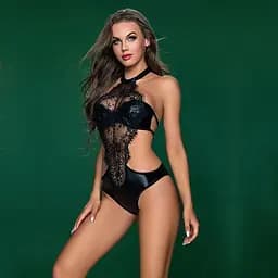 Боді JSY Естель One Size, Black, з тканини під шкіру та квіткового мережива