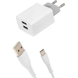 Сетевое зарядное устройство XO L65 2.4A/2USB + Type-C Cable White