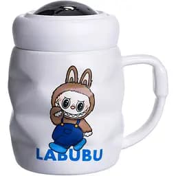 Чашка порцелянова Yiwu Labubu 400 мл з кришкою білий з синій Yiwu FM-54A