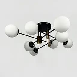 Стельова чорна люстра з латунною фурнітурою на 8 білих плафонів Ø 80 см | Line F | Арт. 81188/8 CP+BK+WT