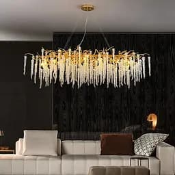 Удлиненная изысканная золотая люстра с хрустальными подвесами Line.F Длина 100 см