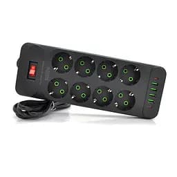 Мережевий фільтр F34U, 8 розеток EU + 4 USB + 2 PD, кнопка включення з індикатором, 2 м, 3х0,75 мм, 2500W, Black, Box