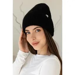 Теплая женская шапка Ангора Сердечко с флисовой подкладкой Черный