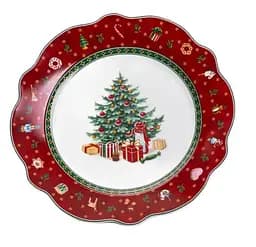 Тарілка десертна Christmas 21.5 см порцелянова новорічний принт Біло червоний