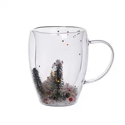 Чашка скляна з подвійними стінками з новорічним декором 350 мл Yiwu 64486-40