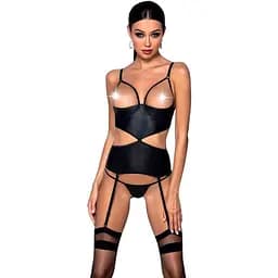 Корсет з відкритими грудьми Passion JANNIES CORSet S/M black стрінги в наборі
