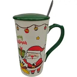 Новорічний кухоль Olens 102-1088 Біг-санта кераміка з кришкою та ложкою 380 мл Зелений