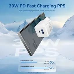 Зарядний пристрій Vention 1xUSB-C PD30W + 1xUSB QC3.0 30W GaN + cable USB-C to USB-C 1.0m black (TZ-FEQB0-EU-01) - мініатюра 4