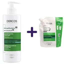 Набір Vichy Dercos: шамнунь проти лупи для жирного волосся та подразненої шкіри голови 390 мл + шампунь посиленої дії проти лупи для нормального, жирного волосся та подразненої шкіри голови 390 мл