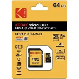  Карта пам'яті Kodak microSDXC UHS-I V30 A1 64Gb Class 10 + адаптер (720094858640)
