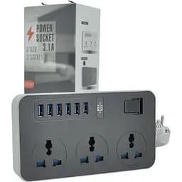 Мережевий фільтр ТВ-Т09 3 розетки + 6 USB 2 м перетин 3х0.75 мм 3000W Black-grey