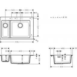 Кухонна мийка Hansgrohe S510-F635 770x510 на дві чаші 180/450 Stonegrey 43315290, Сірий - мініатюра 2