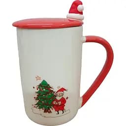 Кружка новогодняя Olens 8030-293 Рождественское утешение с крышкой и ложкой керамика 430мл Белая