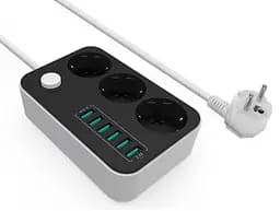 Фільтр мережевий ColorWay, 3 розетки, 1.8 м, Black, 6xUSB (3.4A), 10A, дріт з міді (до 2500 Вт), захисні шторки (CW-CHE36B)