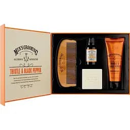 Набір-догляд для бороди Scottish Fine Soaps Men's Grooming Thistle&Black Pepper Body Bar: Мило для обличчя та бороди 40 г + Олія для бороди 10 мл + Зволожувач для бороди 75 мл + Гребінець для бороди (93261)