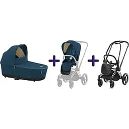 Люлька Cybex Priam Lux Mountain Blue + Комплект текстиля Cybex Priam Mountain Blue + Шасси Cybex Priam с каркасом LS RBA Chrome Black