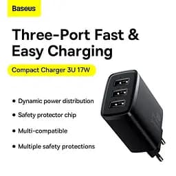 Зарядний адаптер мережевий БЖ Baseus Compact Charger 17 W 3 виходи USB (CCXJ020102) білий - мініатюра 7