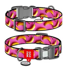 Нашийник для собак нейлоновий Waudog Nylon з QR-паспортом "Банани на рожевому" пластиковий фастекс L Ш 25 мм Дов