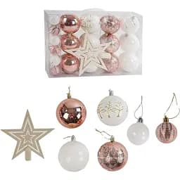 Набір новорічних прикрас 24 іграшки на ялинку з зірочкою на верхівці, рожевого та білого кольору (161358)