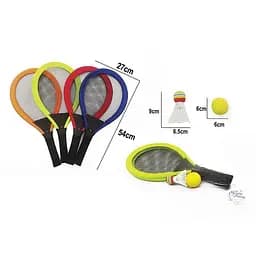 Набір ракеток 202, 2 ракетки 54см, пластиковий каркас, текстильна сітка, м'яка ручка, волан, м'яч, в сітці (6980879300040) МІКС