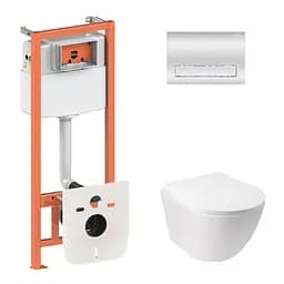 Набор Qtap инсталляция 3 в 1 Nest QT0133M425 с панелью смыва линейной QT0111M08381CRM + унитаз с сиденьем Jay QT07335176W, Белый