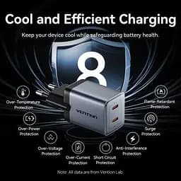 Зарядний пристрій Vention 2xUSB-C PD45W GaN + cable USB-C to USB-C 1.0m 5A gray (TZ-FCFH0-EU) - мініатюра 8