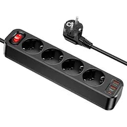 Сетевой удлинитель Hoco NS1 Aura 4-bit (4 х розетки 3 х USB) черный