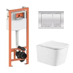 Подвесной унитаз Qtap Crow Ultra Quiet + инсталляция Qtap Nest 4 в 1 (квадратная клавиша Chrome), Белый