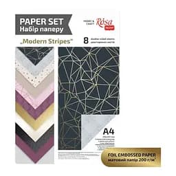 Набір дизайнерського паперу „Modern Stripes“ з тисненням та ефектами А4 8арк двостор. ROSA TALENT