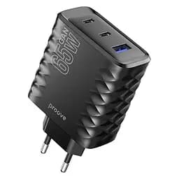 Зарядний пристрій швидкий блок Proove Speed Surge Gan 65 W (USB + 2 Type-C) чорний