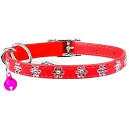 Ошейник для кошек Waudog Glamour Цветочек кожаный с эластичной вставкой и стразами 22-30х0.9 см красный