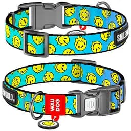 Нашийник для собак Waudog нейлоновий з QR-паспортом Смайли на блакитному XL