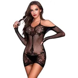 Сукня-сітка JSY 7958 з відкритими плечима довгі рукави флористичний декор стрінги One size