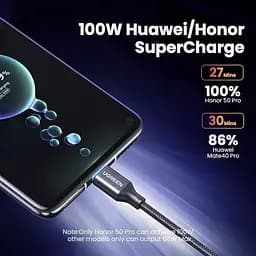 Зарядний кабель Ugreen Type-C 6A 100W Huawei Supercharge 1М Black Nylon, 50567 (US279) - мініатюра 3