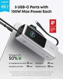 Портативний зарядний пристрій 25000 mAh 165W PD Built-In Double USB-C Cables Silver Anker teh0027061 - мініатюра 2