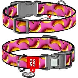 Ошейник для собак нейлоновый Waudog Nylon с QR-паспортом, рисунок «Бананы на розовом», пластиковый фастекс, XL, Ш 25 мм