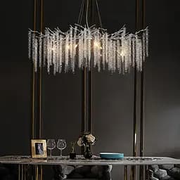 Удлиненная изысканная серебряная люстра с хрустальными подвесками Line F Длина 150 см