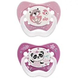 Силиконовая пустышка Nip Замечательная жизнь №3 Котик и Панда, 16-32 мес., фиолетовый с розовым, 2 шт. (31303)