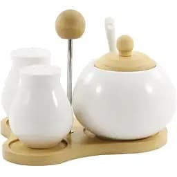 Набор Interos PJ01643 сахарница, солонка, перечница на бамбуковой подставке фарфоровый