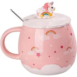 Чашка керамическая Happy Life Rainbow с крышкой и ложкой розовая 500 мл HPCY8278P