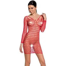 Бодистокинг-платье с глубоким воротом Passion BS093 red длинные рукава One size