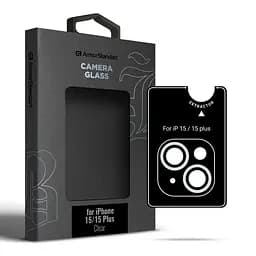 Захисне скло для камери Apple iPhone 15/15 Plus, Supreme BI, прозорий колір, з рамкою, глянцеве скло для захисту лінз, протиударне, прозоре, з клейовим шаром по контуру, не впливає на якість фото, ArmorStandart (ARM76599)